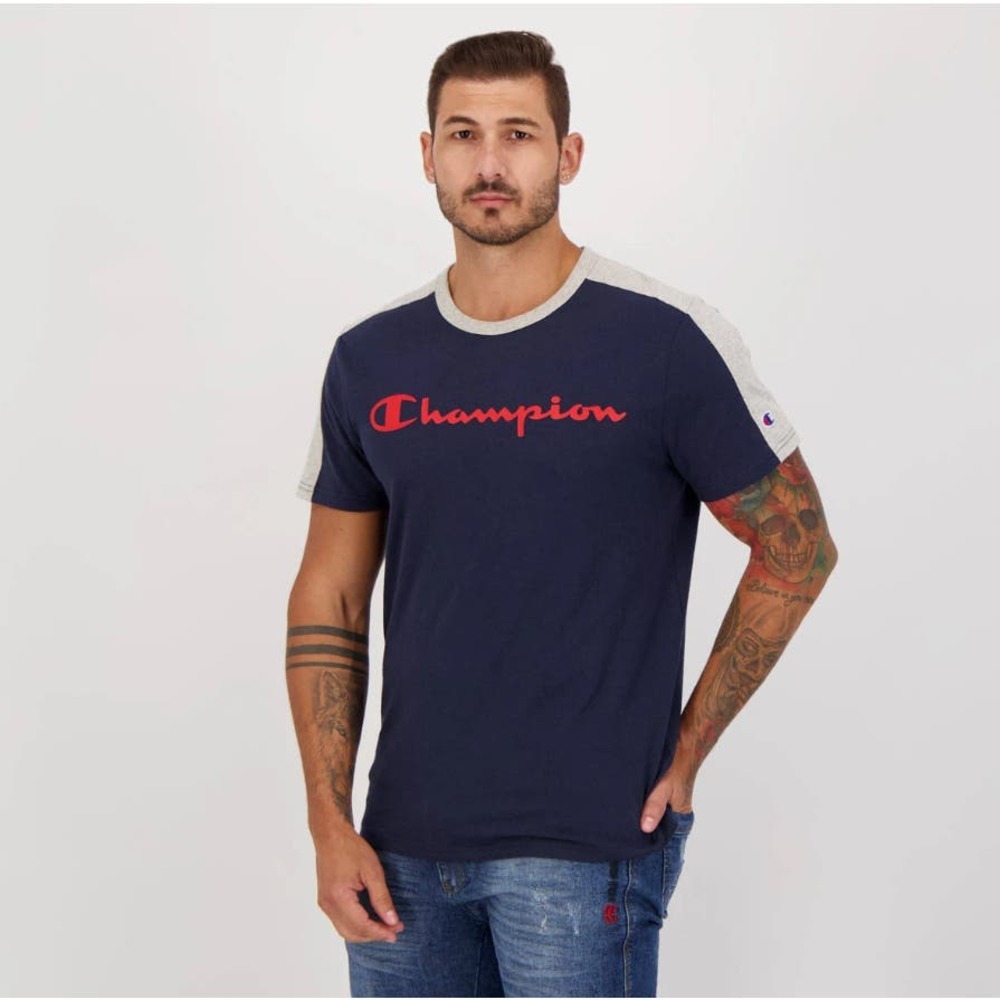 Champion Sportstyle Tee Shirt Logo Script Colorblock Blue Gray Mens Size 2XL​